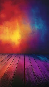 Vibrant gradient wall and wood floor in abstract light.