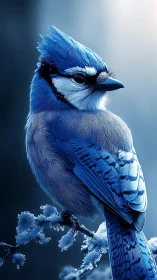 Frosted Blue Jay Perched on Icy Winter Branch.