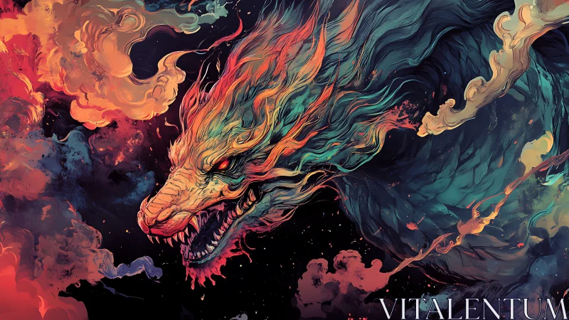 Fiery multicolored dragon head amid swirling smoke forms.