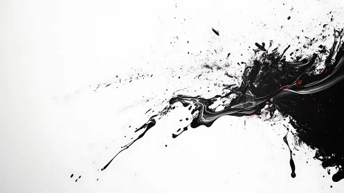 Inkstorm on white: wild black splash with crimson sparks.