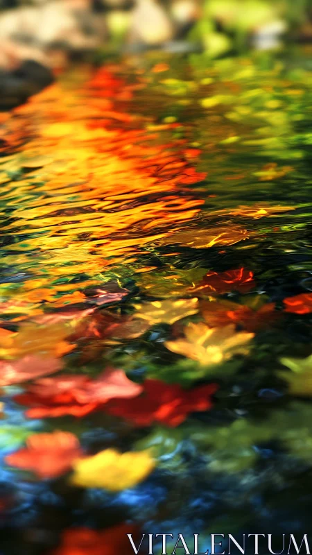 Autumn maple foliage reflections on rippled pond surface
