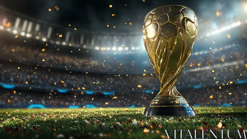 Gold football trophy stands on grass in illuminated stadium