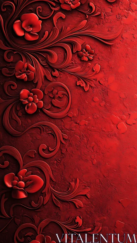 Red floral relief curls across a textured ornamental wall