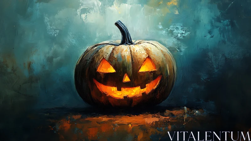 Painterly jack-o-lantern with moody chiaroscuro lighting.