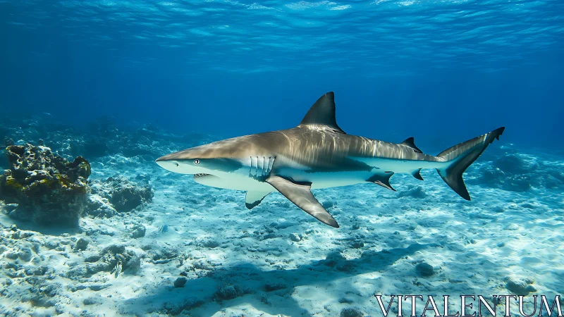 Reef shark glides over sunlit seabed in high-clarity profile