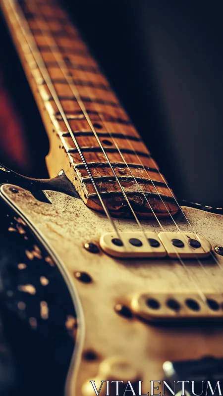 Close view of worn electric guitar body and fretboard.