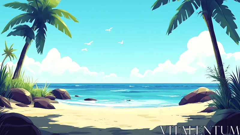 Tropical Beach Scene with Palm Trees and Coastal Landscape
