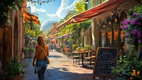Woman walking down sunlit cafe street toward geodesic dome.