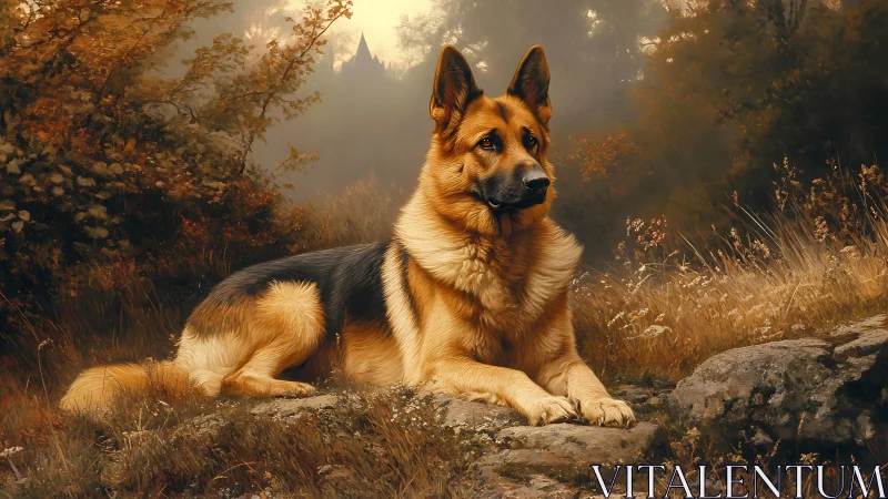 German Shepherd resting on autumn forest rocks at dusk
