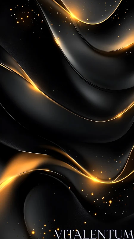 Black flowing waves with golden light streaks and sparks.