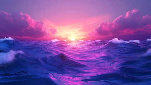 Neon tide rolls beneath a candyfloss cosmic sunset sky.