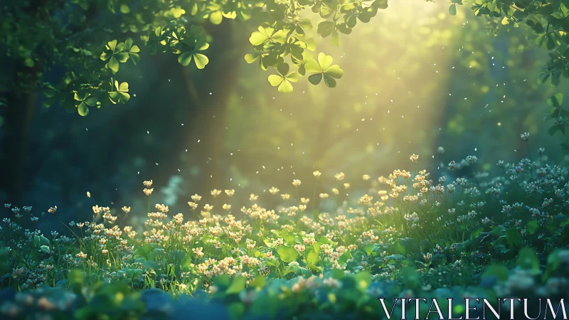 Sunlit forest clearing shows clover foliage and small flowers