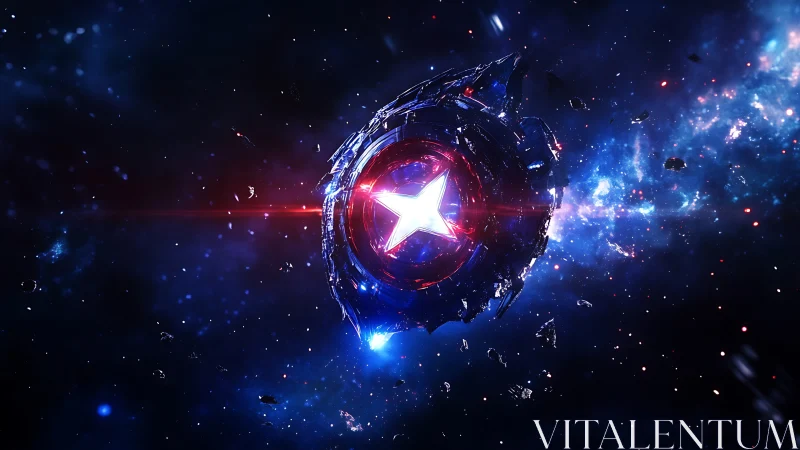 Fragmented stellar shield drifting through luminous nebulae.