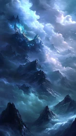 Frozen storm peaks under swirling celestial clouds.