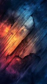 Weathered wood glowing with fire and twilight color play.