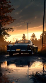 Wet rural roadway with retro coupe under stormlit sunset sky.
