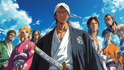 Proud warrior team stands united beneath a bright blue sky