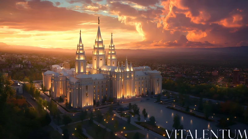 Sunlit cathedral glows over a sprawling city at sunset.