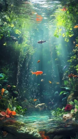 Sunlit underwater garden shimmers with colorful tropical fish