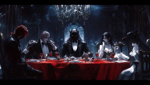 Elegant gothic dinner party wrapped in midnight mystery.