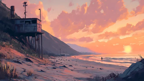 Sunlit coastal watchtower overlooking pastel sunset shore.