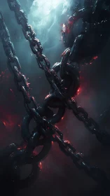Molten night-chains crossing beneath a stormlit abyss.