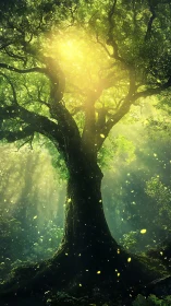 Luminous forest tree under golden mystical canopy glow.