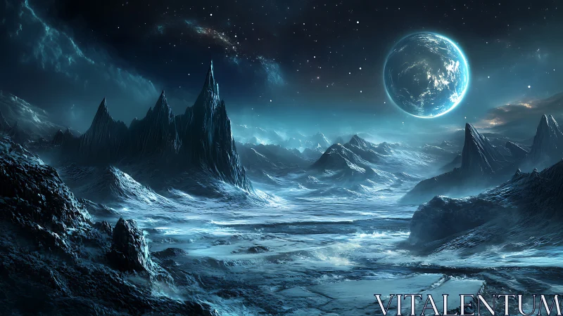 Frozen alien landscape under luminous blue planet in orbit