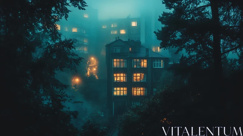Fog-diffused residential block with warm-lit fenestration grid.