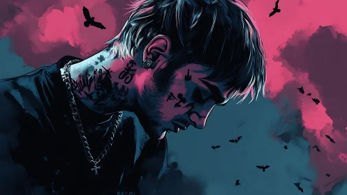 Tattooed figure in profile against pink and teal sky.