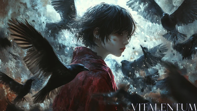 Solitary youth amid circling ravens in stormlit abstract sky