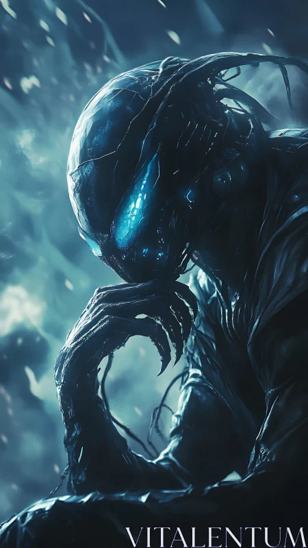 Brooding alien silhouette ponders quietly in a blue abyss