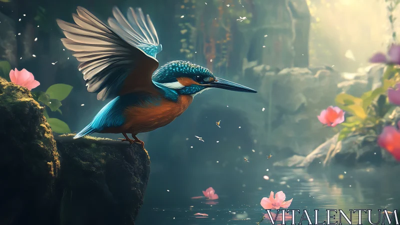 Vibrant Kingfisher in Enchanted Forest by a Mystical Pond.