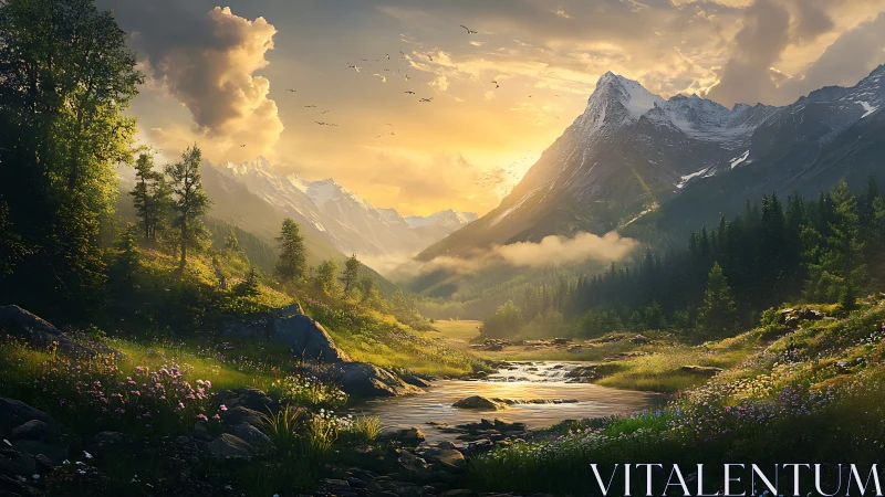 Digital painting alpine valley at golden-hour with river foreground.