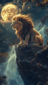 Moonlit lion sentinel above a cascading starlit falls.