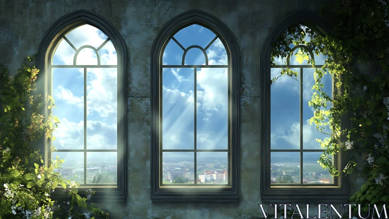 Triple arched windows frame sunlit clouds and distant city.