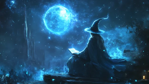Wizard studies glowing spellbook beneath luminous blue moon