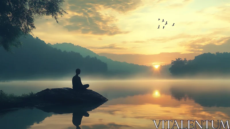 Serene Figure Meditating by Misty Lake at Sunrise, Tranquil Style.