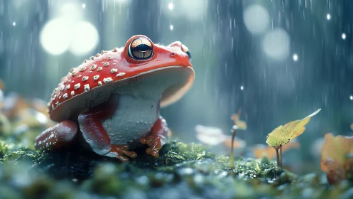 Macro-rendered red rainforest frog in volumetric rainfall.