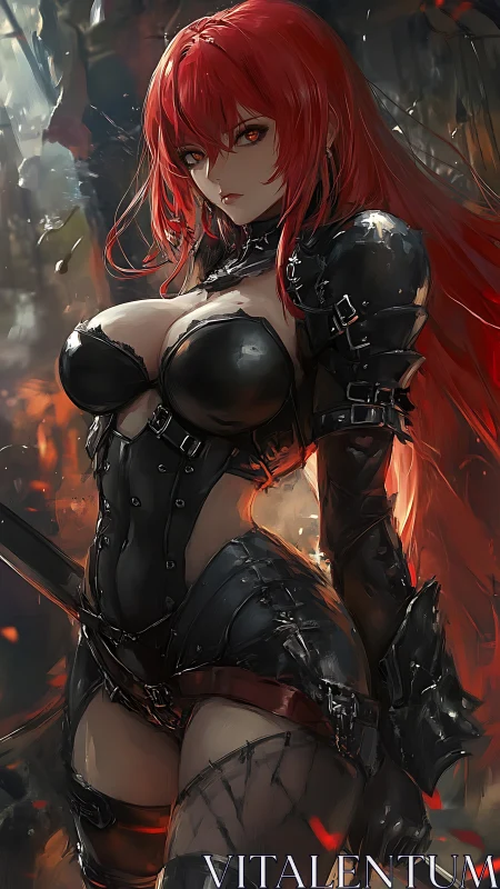 Red‑haired warrior stands in smoldering, war‑torn ruins