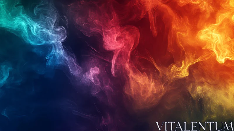 Chromatic nebula wisps in turbulent multicolor smoke field.