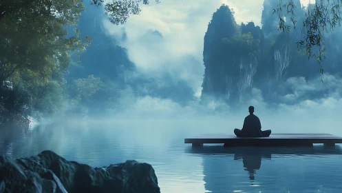 Quiet morning meditation unfolds on a misty mountain lake