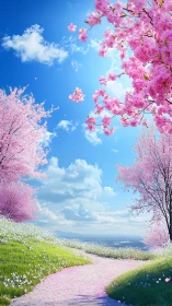 Curved hillside path framed by dense pink cherry blossom canopy