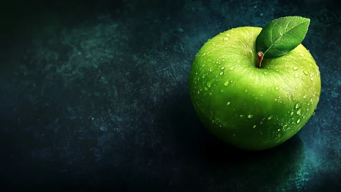 Emerald apple sentinel gleaming on moody midnight blue.