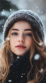Young person in winter clothing with falling snowflakes.