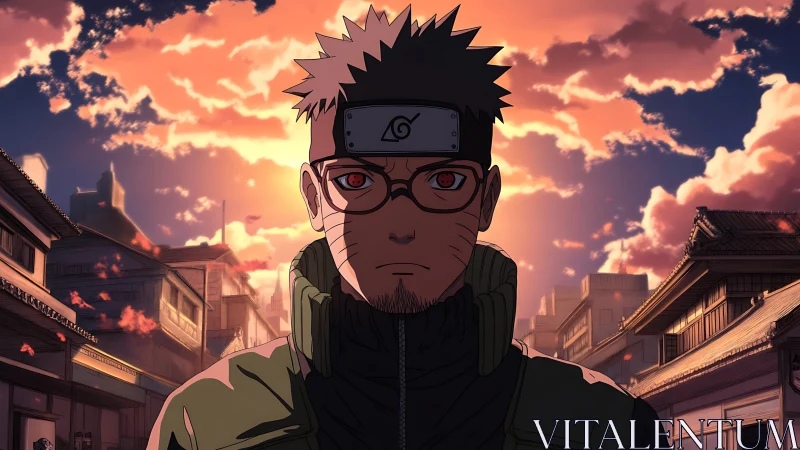 Sunset-illuminated shinobi portrait with urban village backdrop.