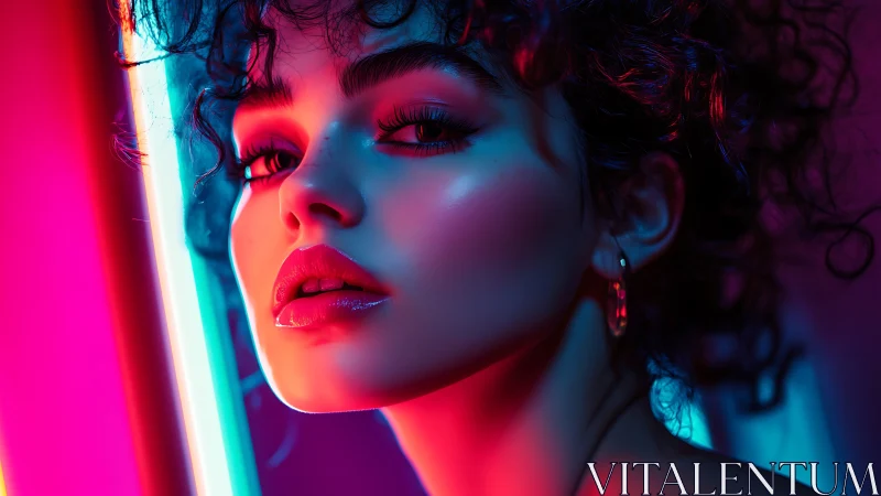 Neon-lit close portrait uses dual-color rim lighting and glossy skin shading