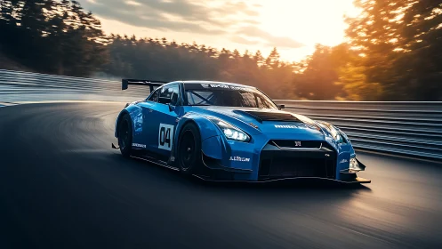 Blue GT race car powers through sunset circuit corner