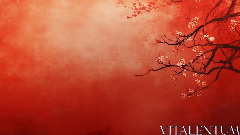 Red gradient background with dark flowering tree branches.
