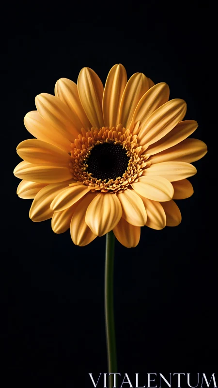 Single yellow gerbera daisy stands centered on black background